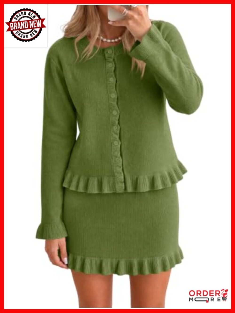 Women's 2 Piece Knit Sweater Skirt Set Ruffled Cardigan High Waisted Mini Skirt